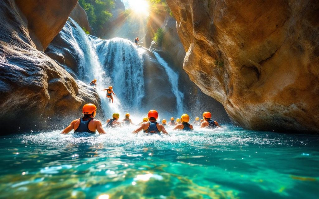 Groupe de personnes en canyoning dévalant des toboggans naturels en roche et plongeant dans des bassins turquoise. Eau éclaboussante, rochers lisses, végétation verte dense, lumière dorée volumétrique traversant la gorge.