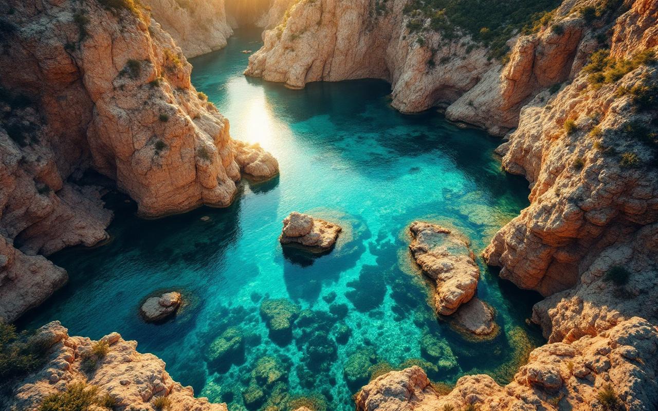 Vue aérienne de bassins de canyon d'eau cristalline entourés de montagnes corses, eaux turquoise et émeraude, falaises rocheuses et végétation méditerranéenne, baignés d'une lumière dorée de coucher de soleil filtrant en rayons volumétriques.