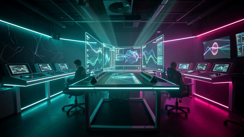 Salle d’escape game immersive avec éclairage futuriste, consoles et écrans interactifs montrant des formes abstraites, ambiance technologique et volumétrie lumineuse, ambiance teal et magenta.