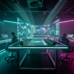 Salle d’escape game immersive avec éclairage futuriste, consoles et écrans interactifs montrant des formes abstraites, ambiance technologique et volumétrie lumineuse, ambiance teal et magenta.