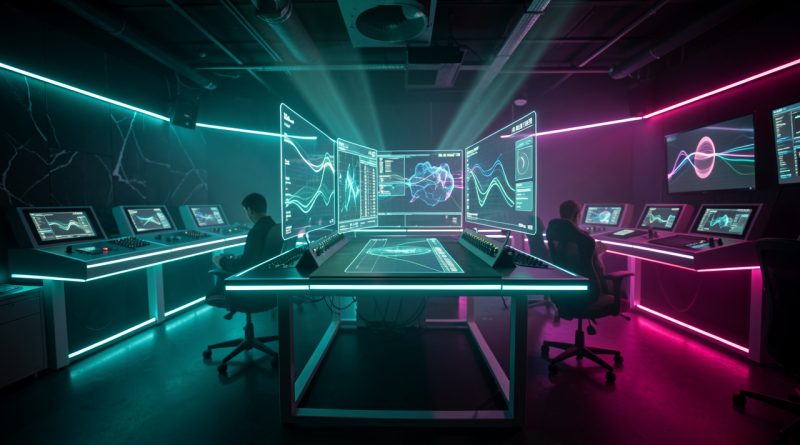 Salle d’escape game immersive avec éclairage futuriste, consoles et écrans interactifs montrant des formes abstraites, ambiance technologique et volumétrie lumineuse, ambiance teal et magenta.