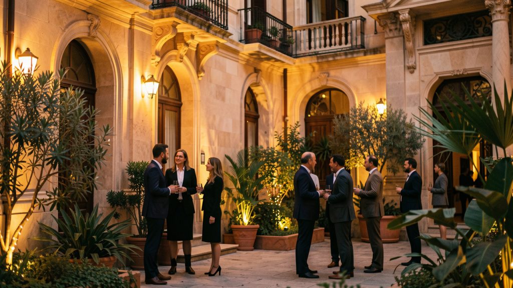 Soirée culturelle à Barcelone, façade éclairée aux tons dorés, spectateurs élégants dans une cour méditerranéenne, ambiance chaleureuse au crépuscule.
