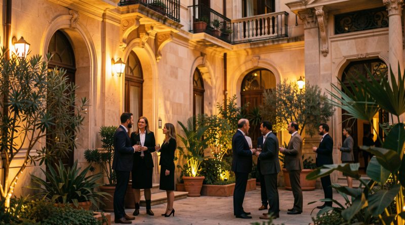 Soirée culturelle à Barcelone, façade éclairée aux tons dorés, spectateurs élégants dans une cour méditerranéenne, ambiance chaleureuse au crépuscule.