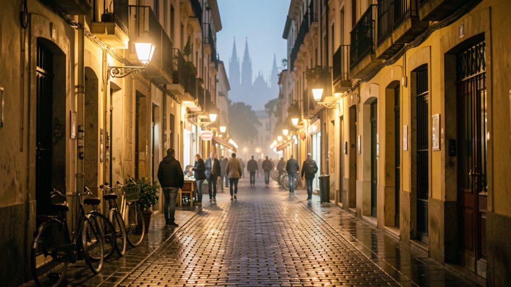 Vue nocturne de ruelles étroites de Barcelone, éclairées par une lumière chaude et une ambiance culturelle élégante, avec pavés humides et halos lumineux.