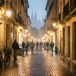 Vue nocturne de ruelles étroites de Barcelone, éclairées par une lumière chaude et une ambiance culturelle élégante, avec pavés humides et halos lumineux.