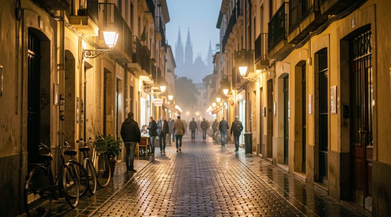 Vue nocturne de ruelles étroites de Barcelone, éclairées par une lumière chaude et une ambiance culturelle élégante, avec pavés humides et halos lumineux.