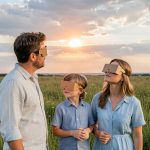 Une famille observe une éclipse solaire dans un espace dégagé sous un ciel d’été, avec des lunettes d’observation à monture en carton.