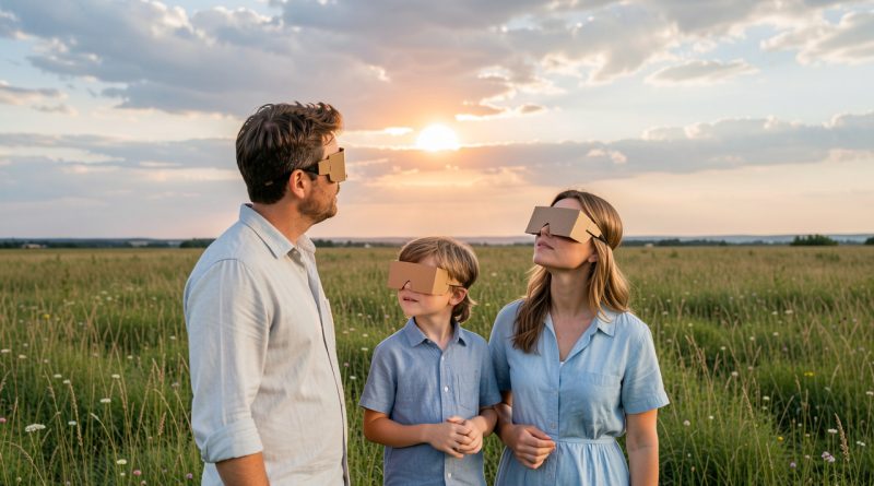 Une famille observe une éclipse solaire dans un espace dégagé sous un ciel d’été, avec des lunettes d’observation à monture en carton.