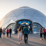 Vue immersive d’un dôme futuriste sur le thème de l’espace dans un parc d’attractions au lever du jour, avec des visiteurs se dirigeant vers l’entrée.