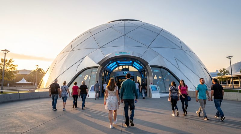 Vue immersive d’un dôme futuriste sur le thème de l’espace dans un parc d’attractions au lever du jour, avec des visiteurs se dirigeant vers l’entrée.