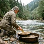 Un homme amateur d’orpaillage vu de dos utilise une bâtée dans une rivière peu profonde des Cévennes, entourée de galets et de forêt sous une lumière douce.