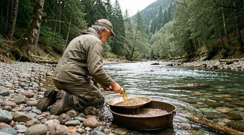 Un homme amateur d’orpaillage vu de dos utilise une bâtée dans une rivière peu profonde des Cévennes, entourée de galets et de forêt sous une lumière douce.