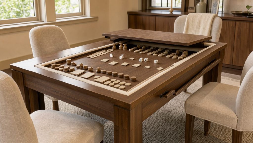 Table de jeux multifonction élégante en bois dans un intérieur chaleureux, avec plateau amovible, pièces de jeu rangées et chaises confortables.