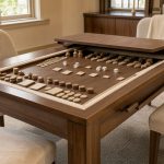 Table de jeux multifonction élégante en bois dans un intérieur chaleureux, avec plateau amovible, pièces de jeu rangées et chaises confortables.