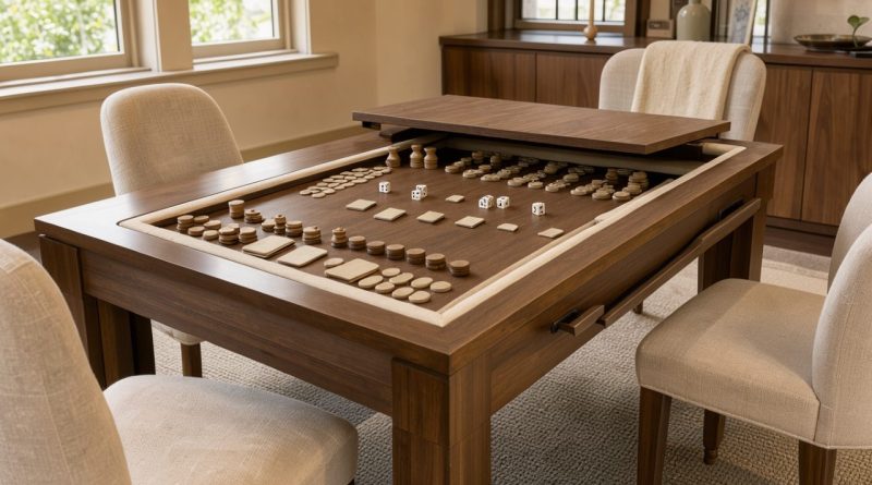 Table de jeux multifonction élégante en bois dans un intérieur chaleureux, avec plateau amovible, pièces de jeu rangées et chaises confortables.