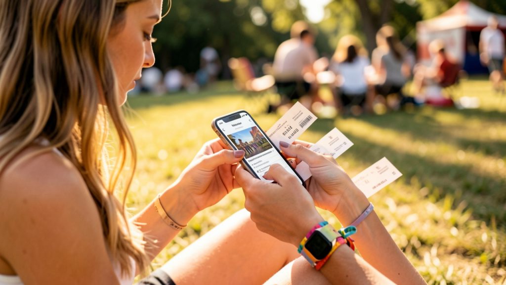Une jeune femme consulte sur son smartphone un compte de billet électronique pour organiser la revente légale d’un billet de festival dans une ambiance estivale.