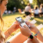 Une jeune femme consulte sur son smartphone un compte de billet électronique pour organiser la revente légale d’un billet de festival dans une ambiance estivale.