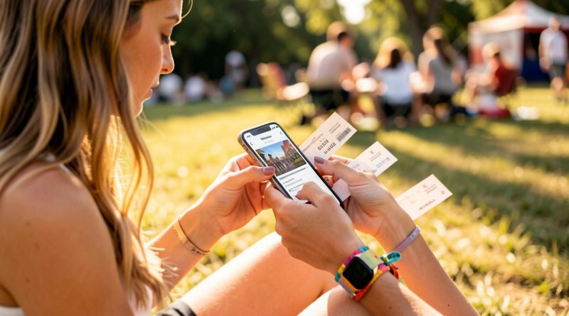 Une jeune femme consulte sur son smartphone un compte de billet électronique pour organiser la revente légale d’un billet de festival dans une ambiance estivale.