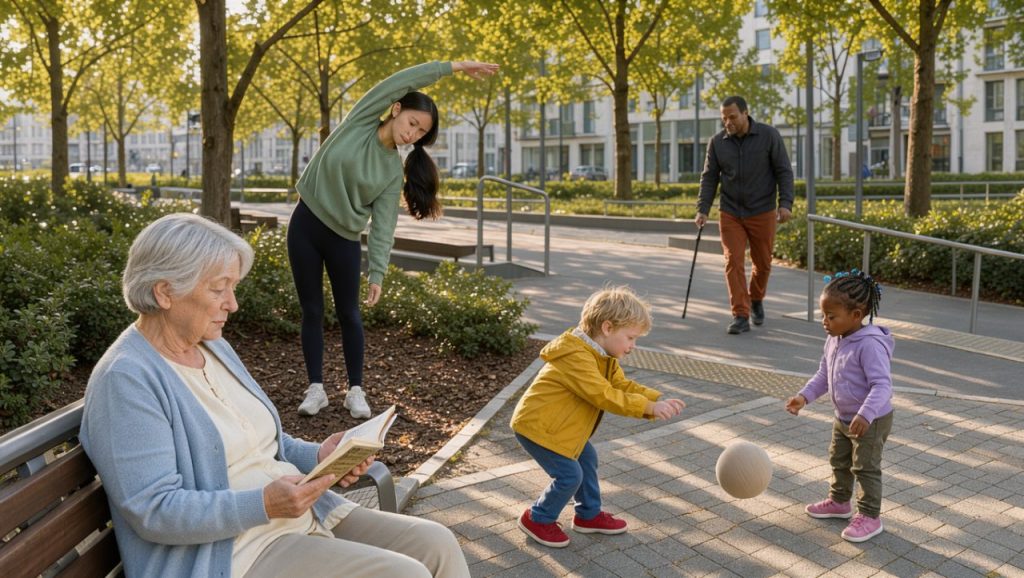 Illustration réaliste d’un parc urbain européen chaleureux et accessible, avec une femme âgée qui lit, un homme d’âge moyen qui marche avec une canne, une jeune femme qui fait des étirements doux, ainsi qu’un garçon et une fille qui jouent calmement.