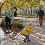 Illustration réaliste d’un parc urbain européen chaleureux et accessible, avec une femme âgée qui lit, un homme d’âge moyen qui marche avec une canne, une jeune femme qui fait des étirements doux, ainsi qu’un garçon et une fille qui jouent calmement.