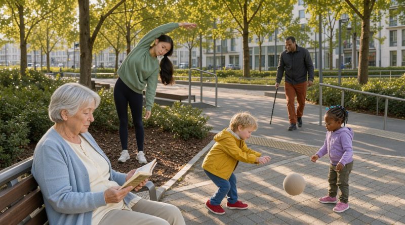 Illustration réaliste d’un parc urbain européen chaleureux et accessible, avec une femme âgée qui lit, un homme d’âge moyen qui marche avec une canne, une jeune femme qui fait des étirements doux, ainsi qu’un garçon et une fille qui jouent calmement.